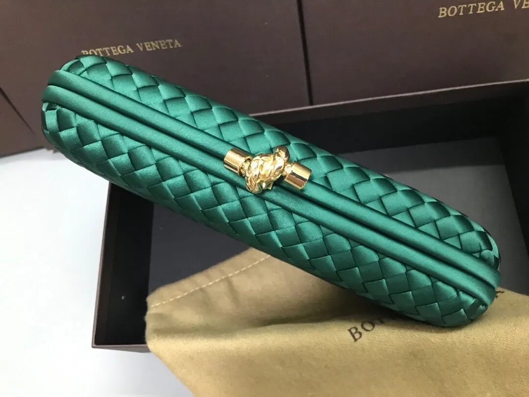 Style No. 8651, upgraded version of full silk evening bag inside and outside~~~INTRECCIATO woven IMPERO STRETCH KNOT clutch bag, hand-woven silk, smooth satin piping, Intrecciato engraved metal buckle, silk satin lining. Large size: 25cm*10cm*5cm